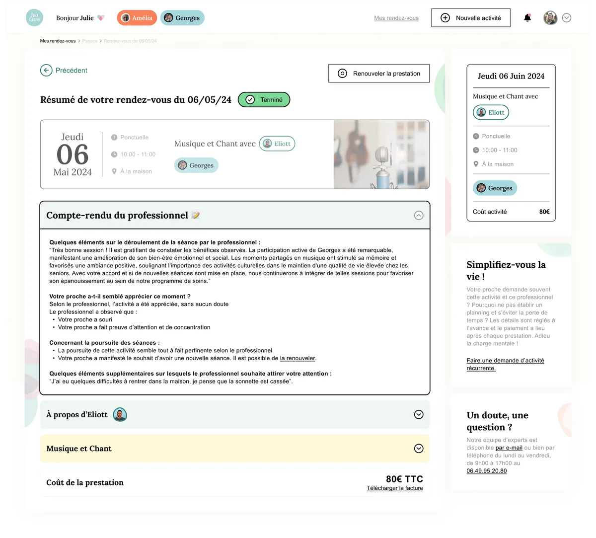 Résumé d'un rendez-vous terminé avec le compte-rendu du professionnel