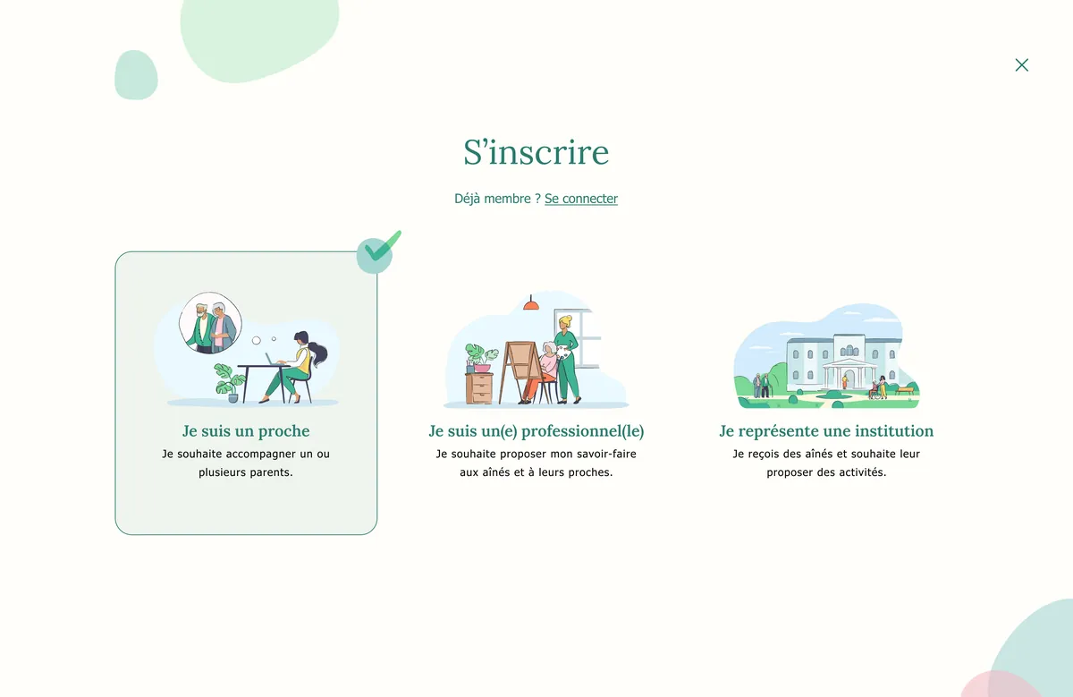 Choix du profil à l'inscription : proche, professionnel ou institution