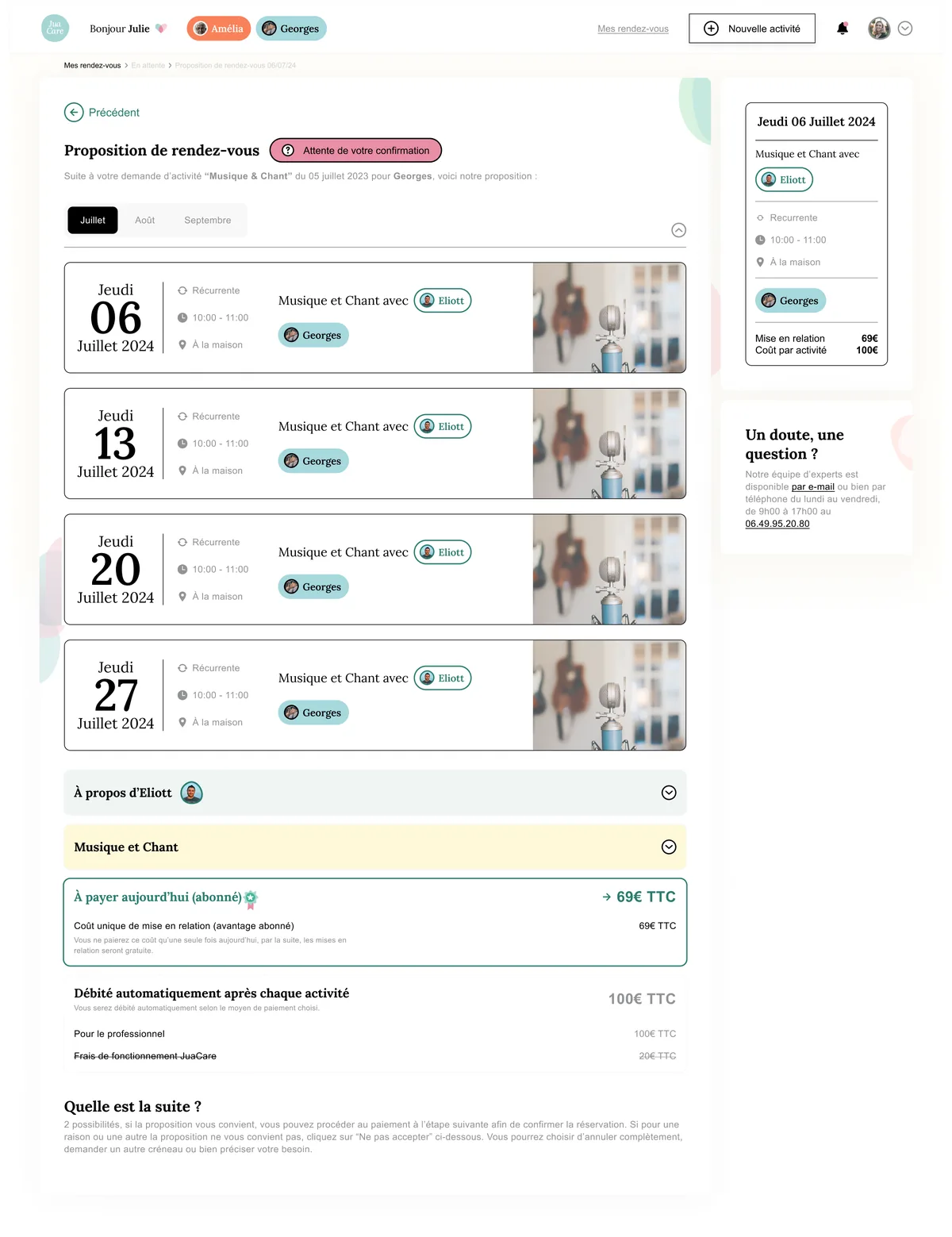 Proposition de rendez-vous récurrents avec le détail du paiement