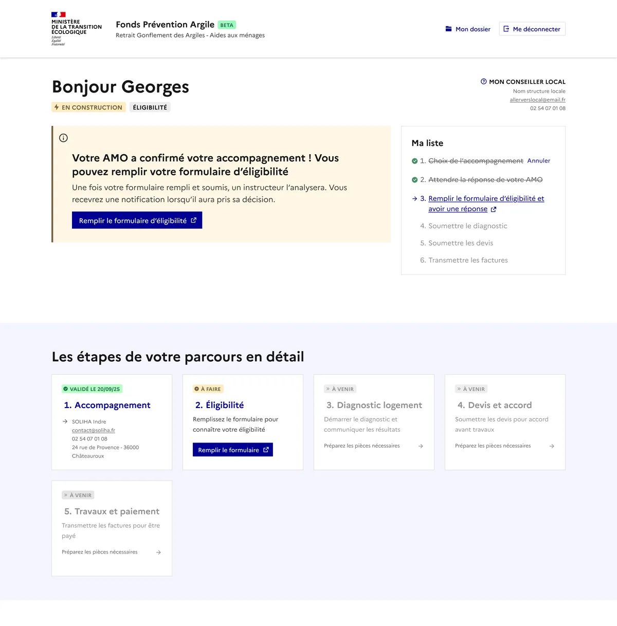 Tableau de bord du demandeur avec les 5 étapes du parcours