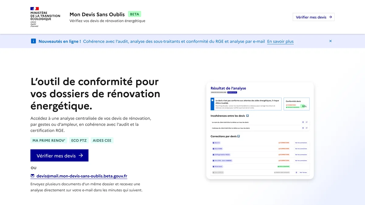 Page d'accueil de Mon Devis Sans Oublis